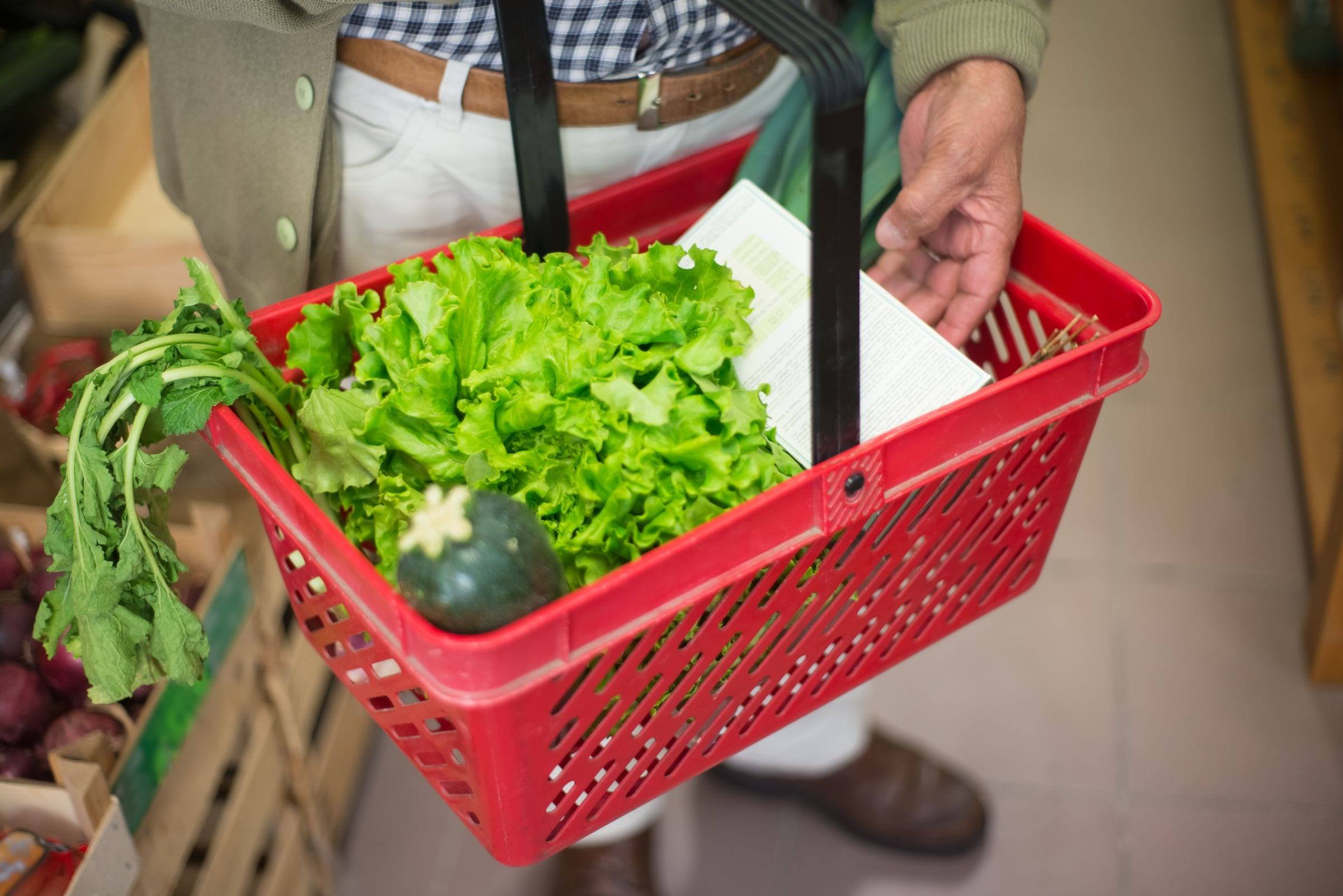 Roter Einkaufskorb mit Salat und Kräutern, an der Hand getragen